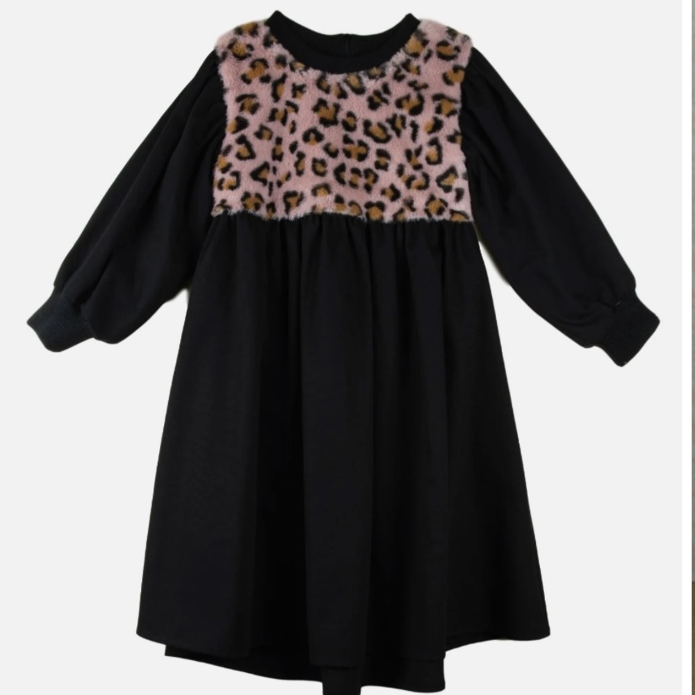 Popelin girls pink fuzzy leopard yolk dress black sz 6